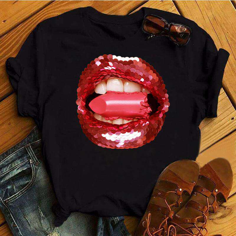Lippen Reine Baumwolle Bedruckt Unisex und Damen Modetrend T-Shirt Sommer Neu Personalisiert Rundhals Locker Lässig T-Shirt