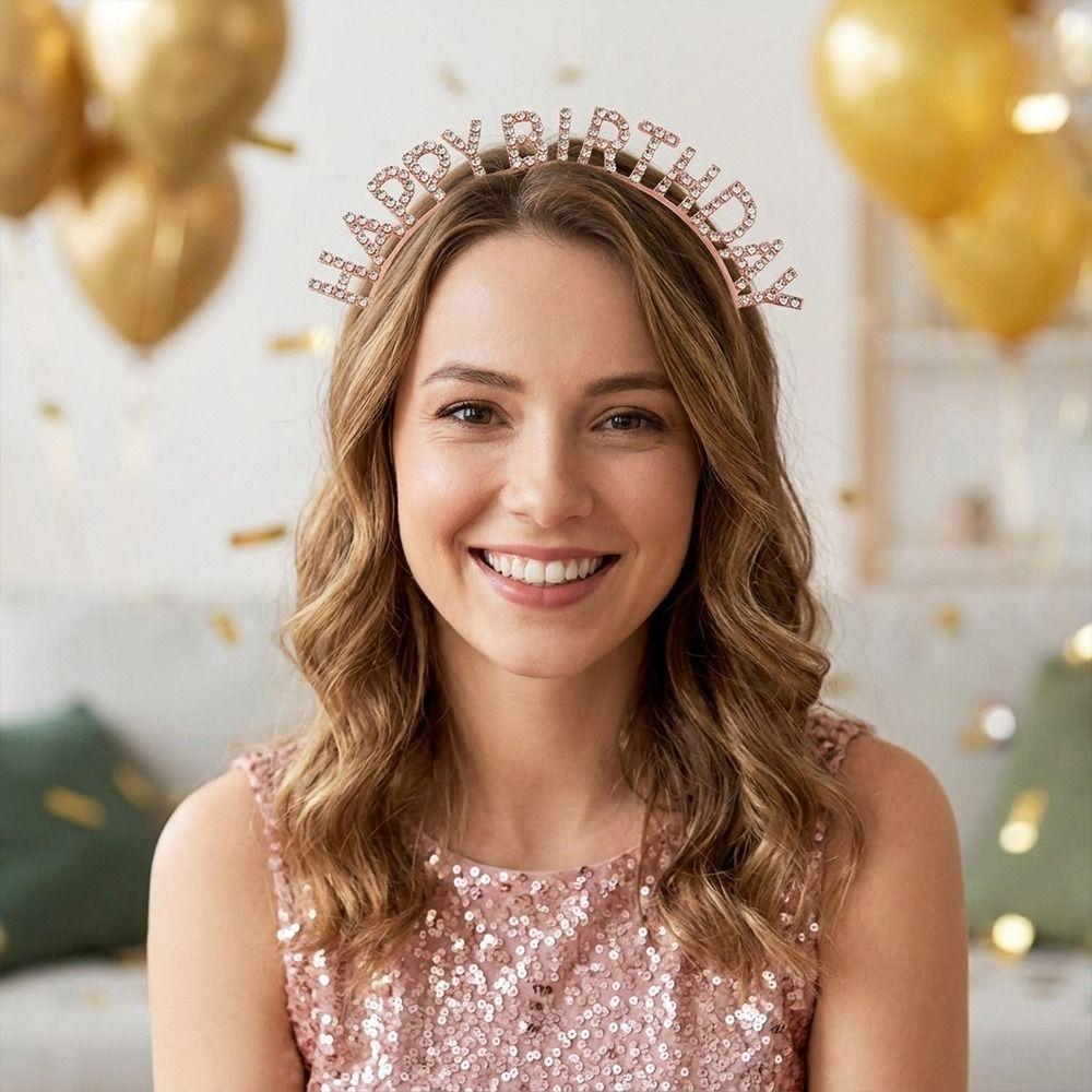 Glitter HAPPY BIRTHDAY Headband Metal Hair Accessories Crystal Birthday Tiaras Rhinestone Princess Hairbands Adult Girl