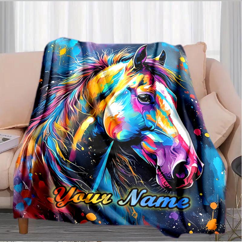 1PC Custom Name Colorful Horse Portrait flannel blanket versatile,all-season throw suitable for the living room,bedroom,camping,travel,and gift