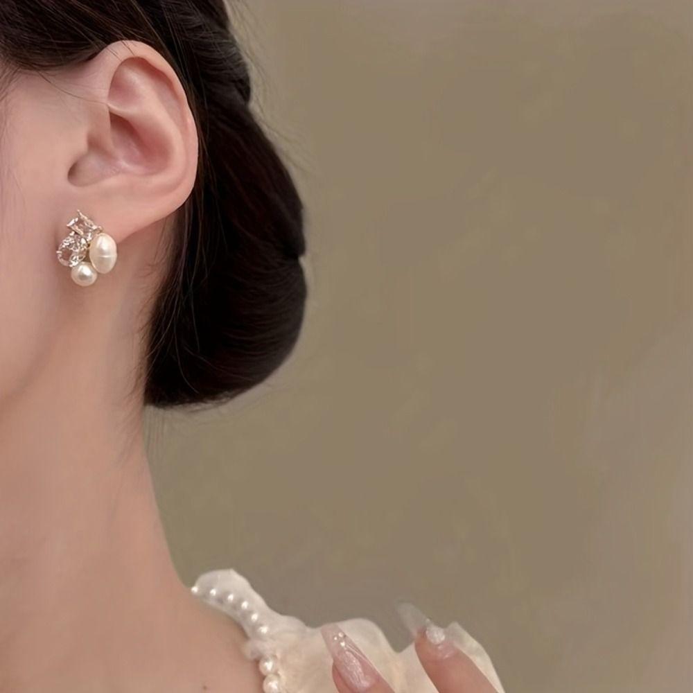 Square Shape Light Luxury Earrings Zircon Pearl High-End Earrings  Women Jewelry