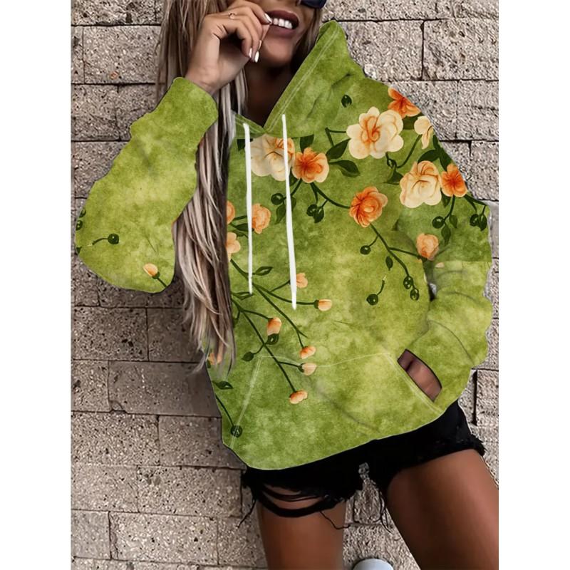 Womens Floral Print Hooded Sweatshirt Soft Comfortable Casual Pullover Daily Wear