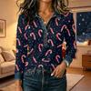 Women's Christmas Print Long Sleeve Top - Casual Loose Fit Patchwork Shirt with Shoulder