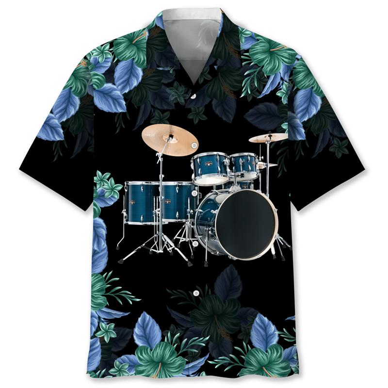 Vintage Drums Hawaiian Shirt For Men Musical Instruments Graphics Short Sleeves Shirts Street Loose