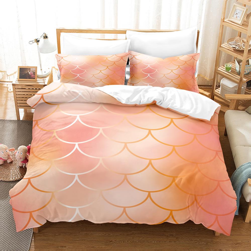 Laser Gradual Change Fish Scale 3D Digital Printing Three-Piece Set, Quilt Cover Pillowcase Home Textile Bed Sheet Kit
