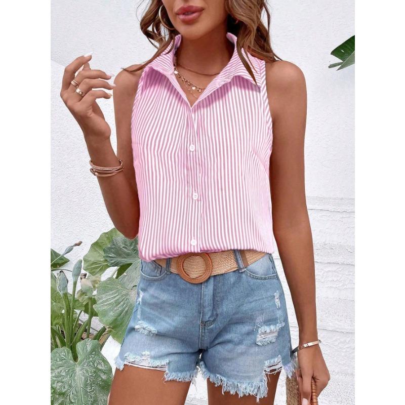 Camicia da Donna a Maniche Corte a Strisce Verdi e Bianche con Bottoni e Collo Top Casual Estivo
