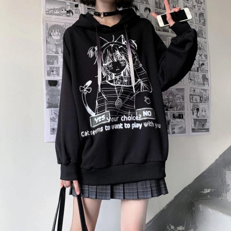 Sudadera con capucha Gótica de Anime Oversize para Mujer Harajuku Streetwear Pulóver Manga Larga Negro Blanco Moda Femenina Sudadera