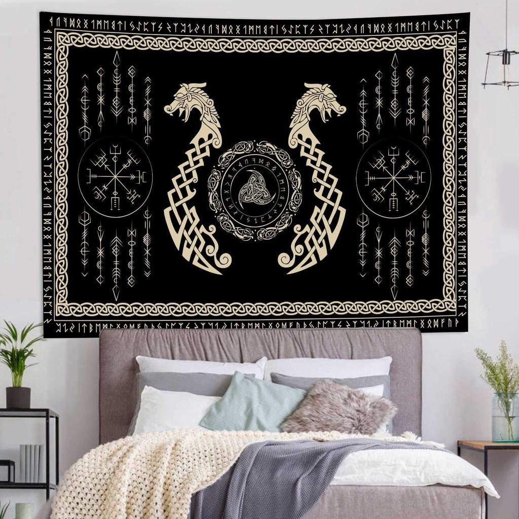 Viking Dragon Tapestry, Ancient Rune Dragon Totem Norse Mythology Wall Art Tapestries, Black White Mystical Geometric Norse