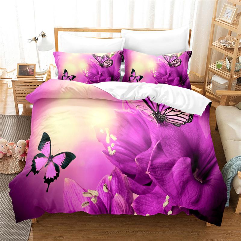 Comforter Purple Flower Double Bed 200X200 Thin Floral Bedding Set 3Pcs 2Pcs With Single 220X240