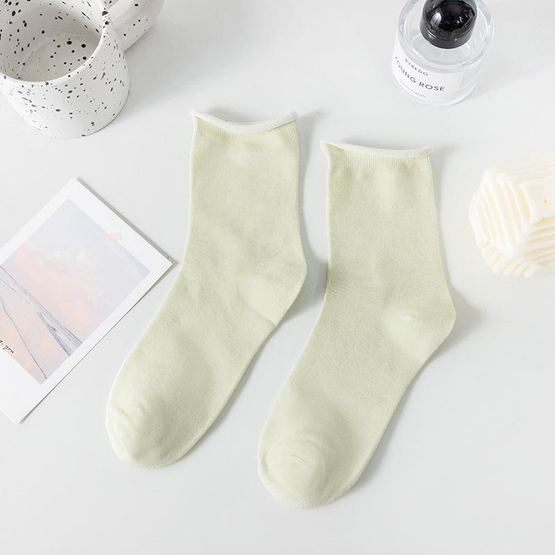Loose Rolled-up Socks for Women In Summer, Thin and Breathable Mid-calf Socks, Solid-colored Cotton Pile Socks