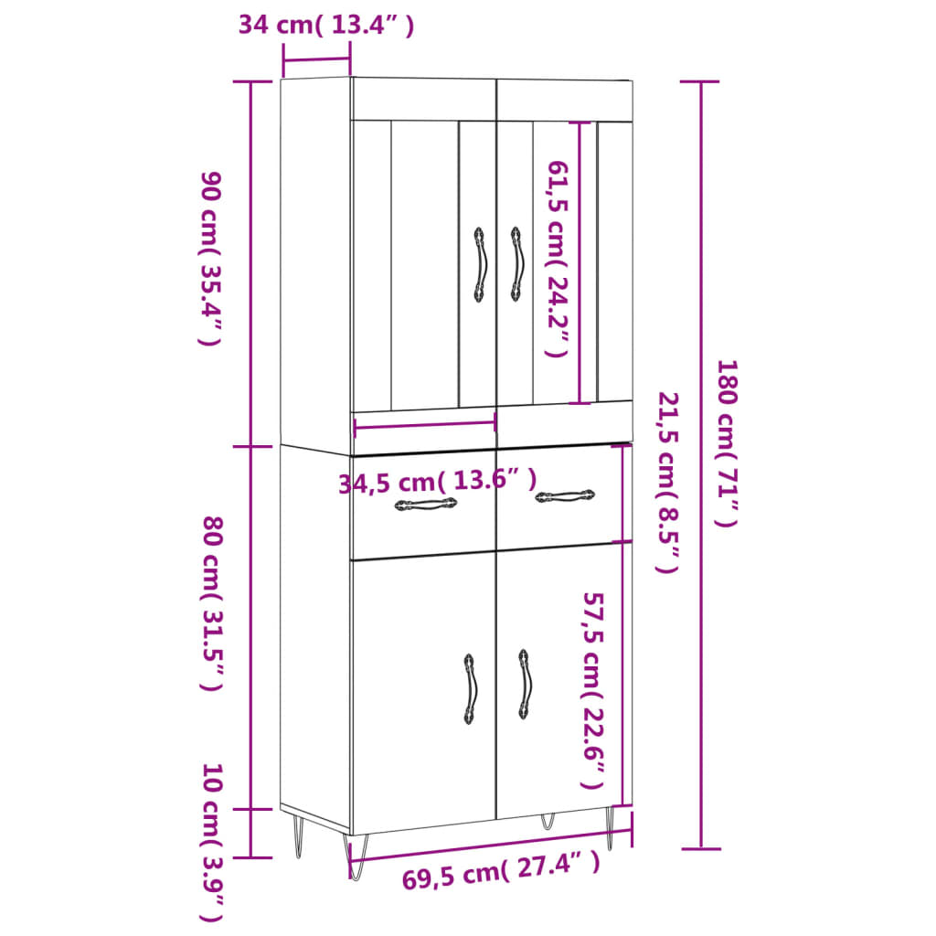 Highboard Sonoma Oak 69.5 x 34 x 180 cm Particleboard