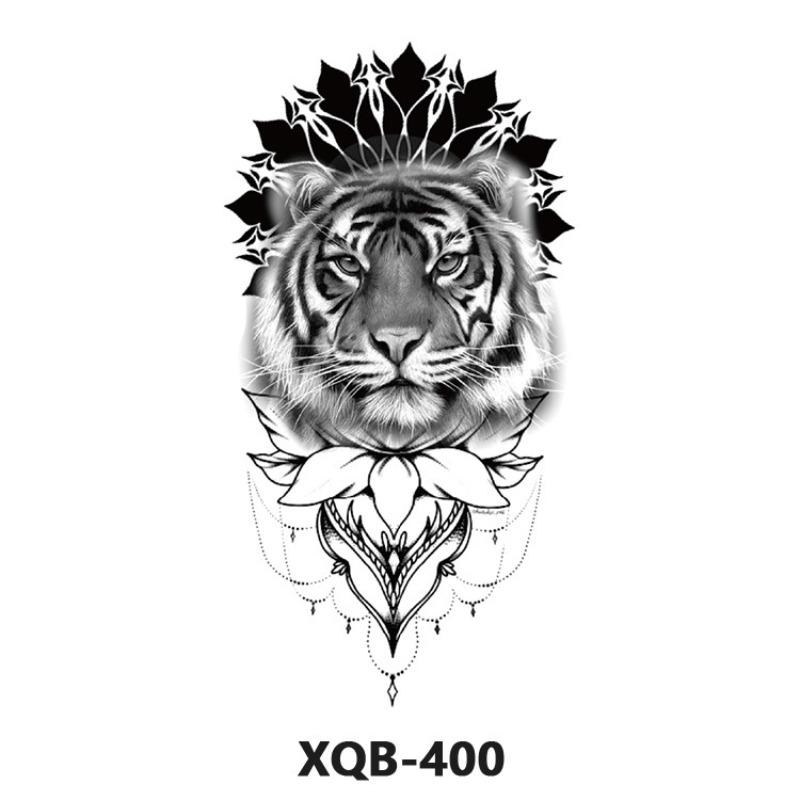 Tattoo Sticker Small Full Arm Animal Tiger Wolf Flower Arm Half Arm Waterproof Lasting Black and White Transfer Sticker