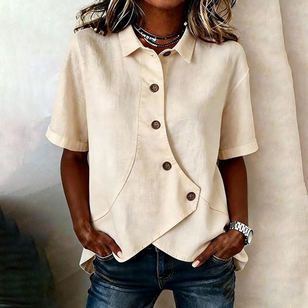 Women’s Short Sleeve Button Down Shirt Asymmetric Hem Casual Loose Fit Lapel Collar Blouse for Daily Wear Office Work