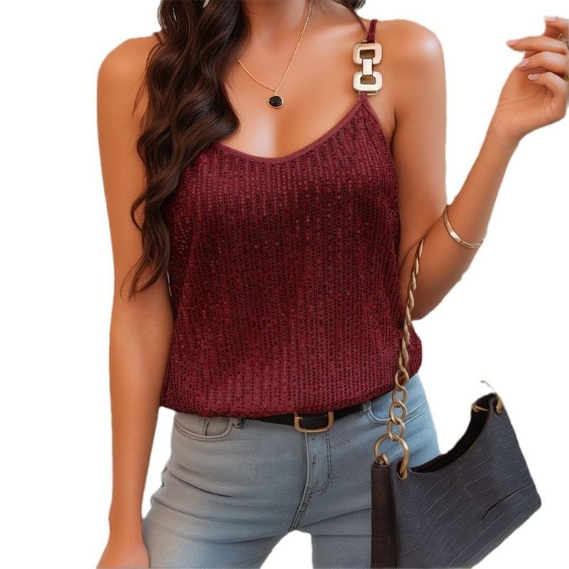 Nuovo Canottiere Gilet con Scollo a V e Paillettes per Donne Sexy Maglia Base Capospalla Senza Maniche Top a Canotta Larghi Moda Dolce Elegante Camicetta