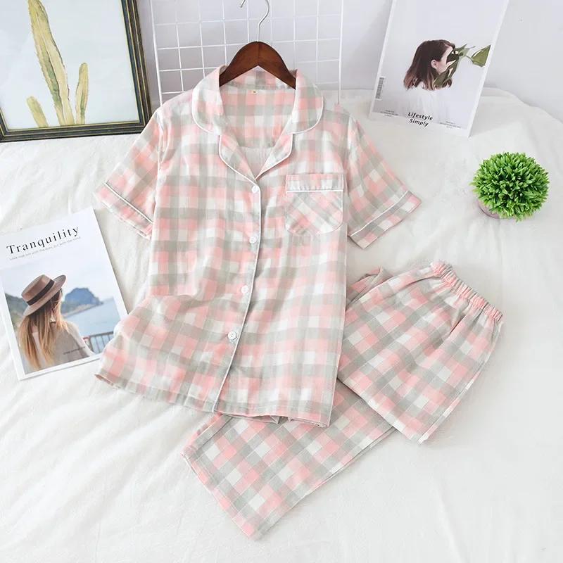 New Spring and Summer Pajamas Two-piece 100% Cotton Gauze Women's Short-sleeved Trousers Home Service Suit Cute and Thin