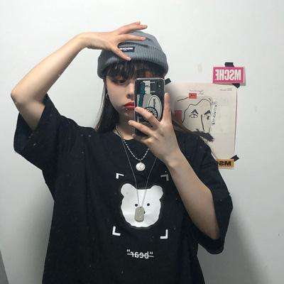 Bear Short-sleeved T-shirt Women's Ins Tide Medium and Long Bf Harajuku Lazy Style Korean Version Large Version Loose Hong Kong Style Half-sleeved Top