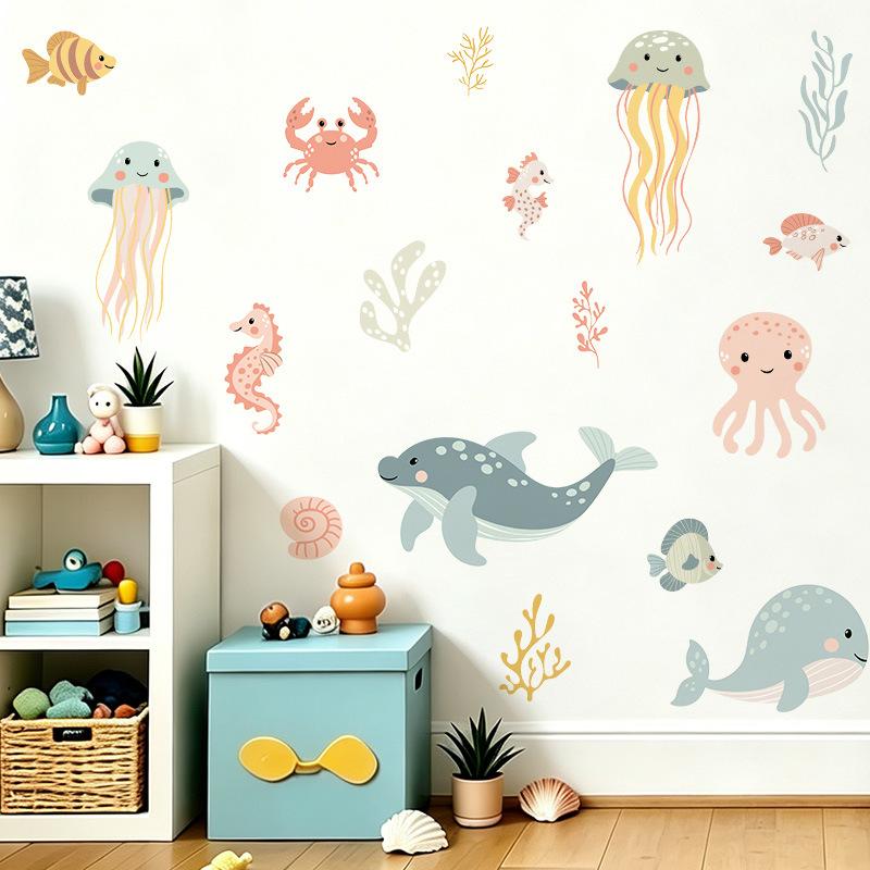 Small Fresh Marine Animals Wall Stickers Jellyfish Whale Crab Self-adhesive Pvc Stickers Bathroom Living Room Wall Decoration