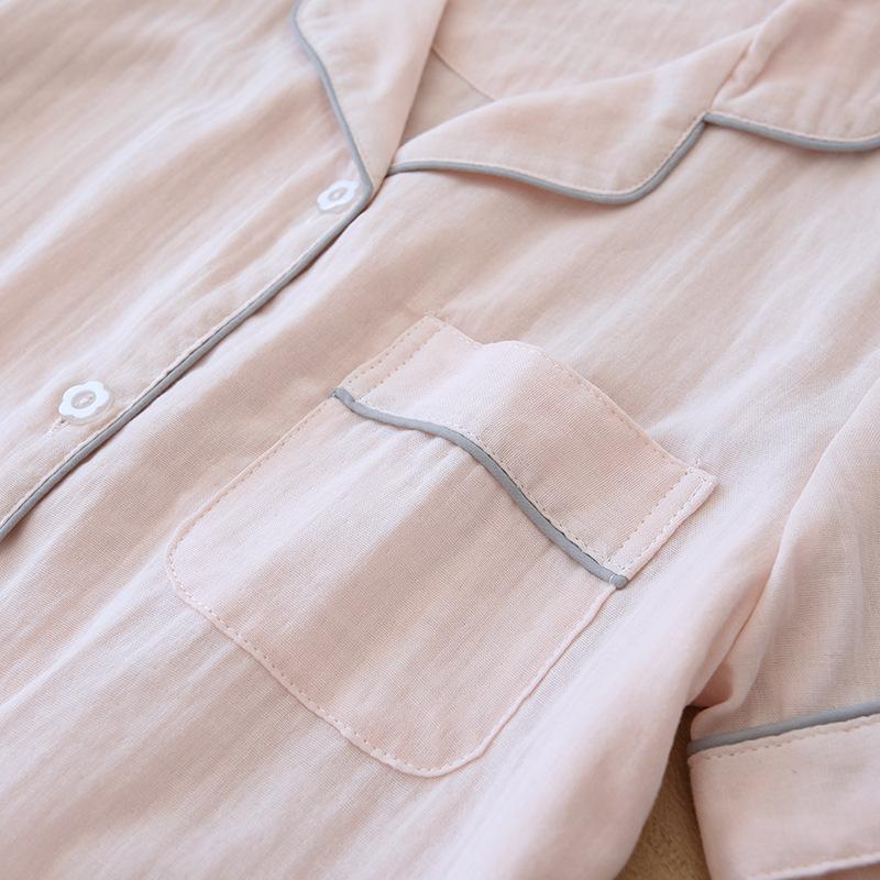 Primavera e Verão Novo Conjunto de Pijama Feminino de Três Peças Mangas Curtas + Shorts + Calças 100% Gaze de Algodão Conjunto Feminino para Casa