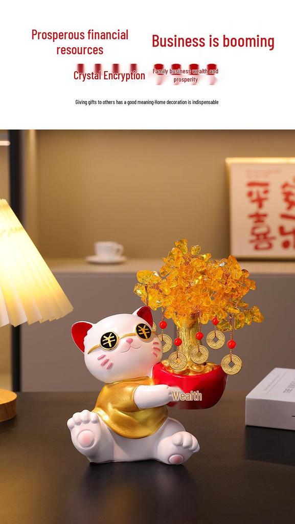 Lucky Cat Crystal Wealth Tree Ornament - High-End Housewarming Gift.