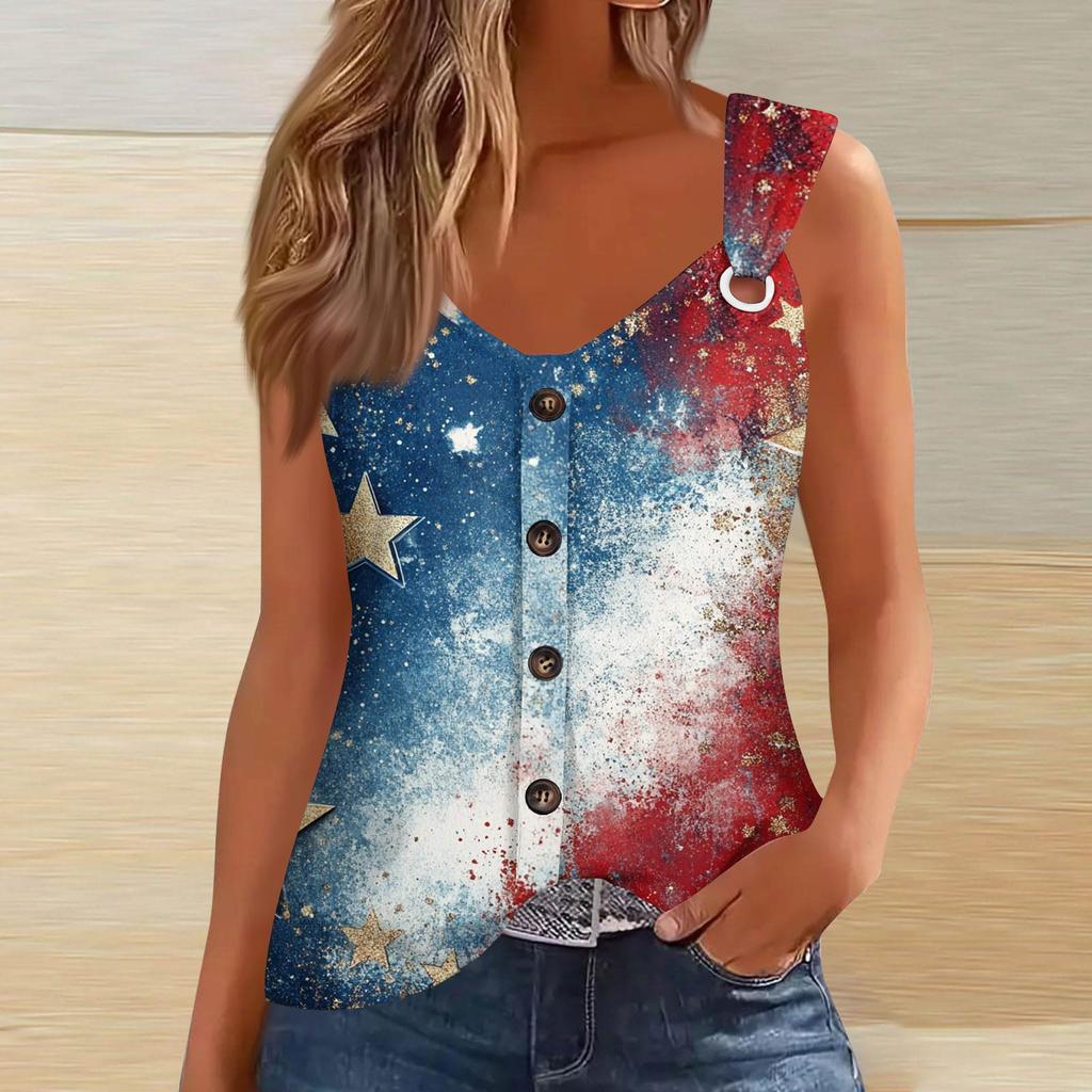 Women's Fashion Casual Loose Sleeveless Buttoned V-Neck Independence Day Printed T-Shirt Top