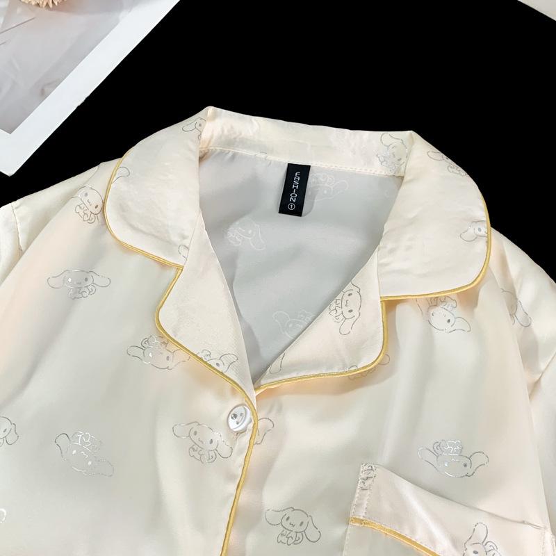 Women's Ice Silk Pajama Set: Built-in Bra, Silver Cinnamon Dog & Cat Top, Shorts & Long Pants