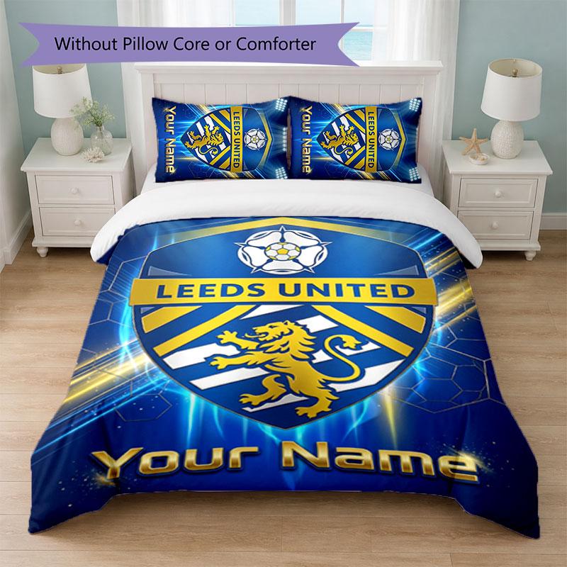 Conjunto de Roupa de Cama Leeds United com Nome Personalizado 1 Capa de Edredom + 2 Fronhas Logo de Futebol Presente Personalizado para Ocasião Especial Decoração de Quarto