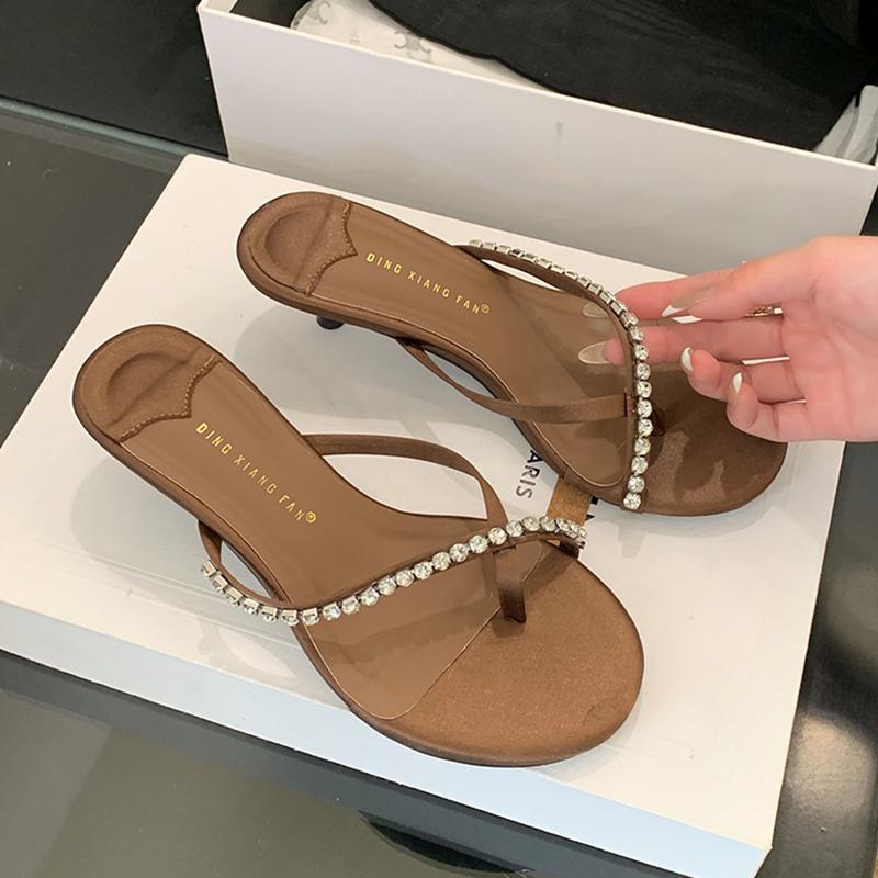 Fashion SUOJAILUN 2025 Summer New Brand Women Slipper Fashion Crystal Narrow Band Slip On Slides Thin Low Heel Outdoor Dress Sandal Shoe