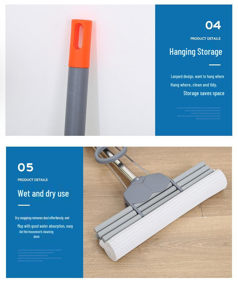 38CM Stainless Steel Hands-Free PVA Roller Mop: Absorbent Sponge for Wet & Dry Use