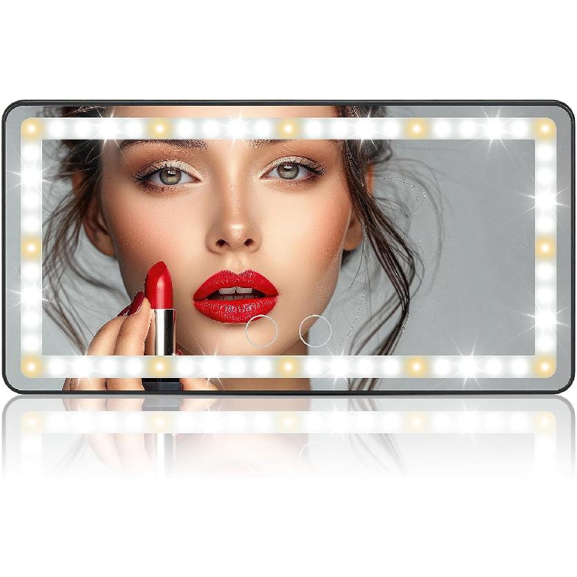 JOYTUTUS Car Sun Visor Vanity Mirror With Lights, 3 Light Modes & 60 LEDs, Rechargeable Dimmable Touch Control Travel Makeup Mirror For Truck SUV