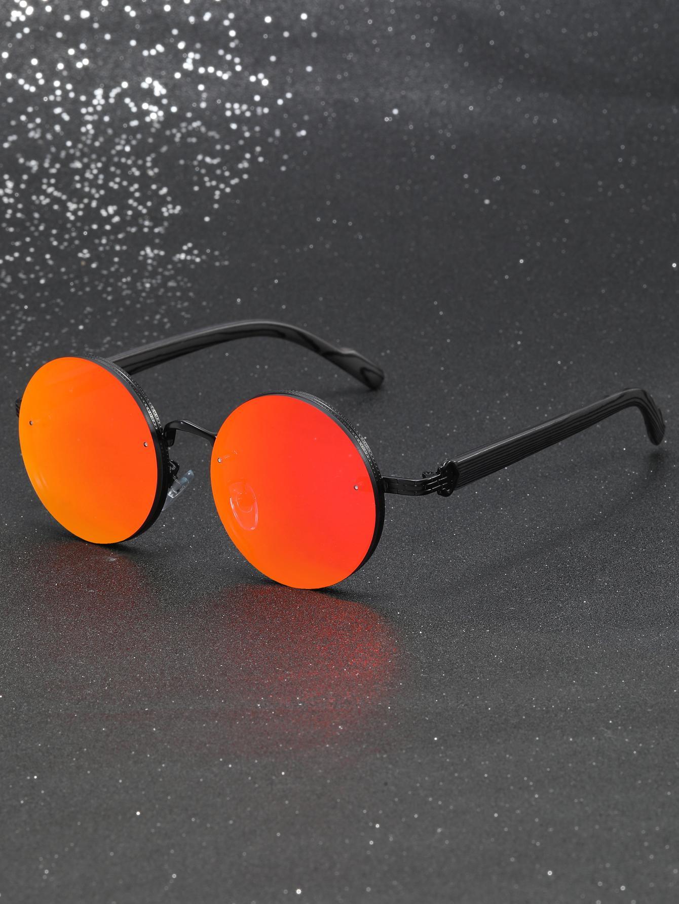

1 Pair Men s Metal Round Wooden Grain Imitation Frame Sunglasses black красный
