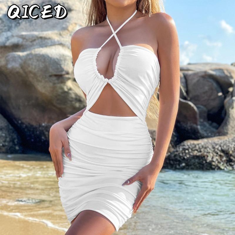 QICED Women's Fashion Summer Spring Solid Color Print Sleeveless Casual Dresses