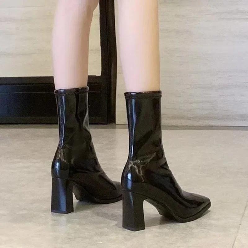 Women Patent Leather White Ankle Boots Women Autumn Fashion Slip On High Heels Boot Woman Pointed Toe Thick Heeled Short Booties