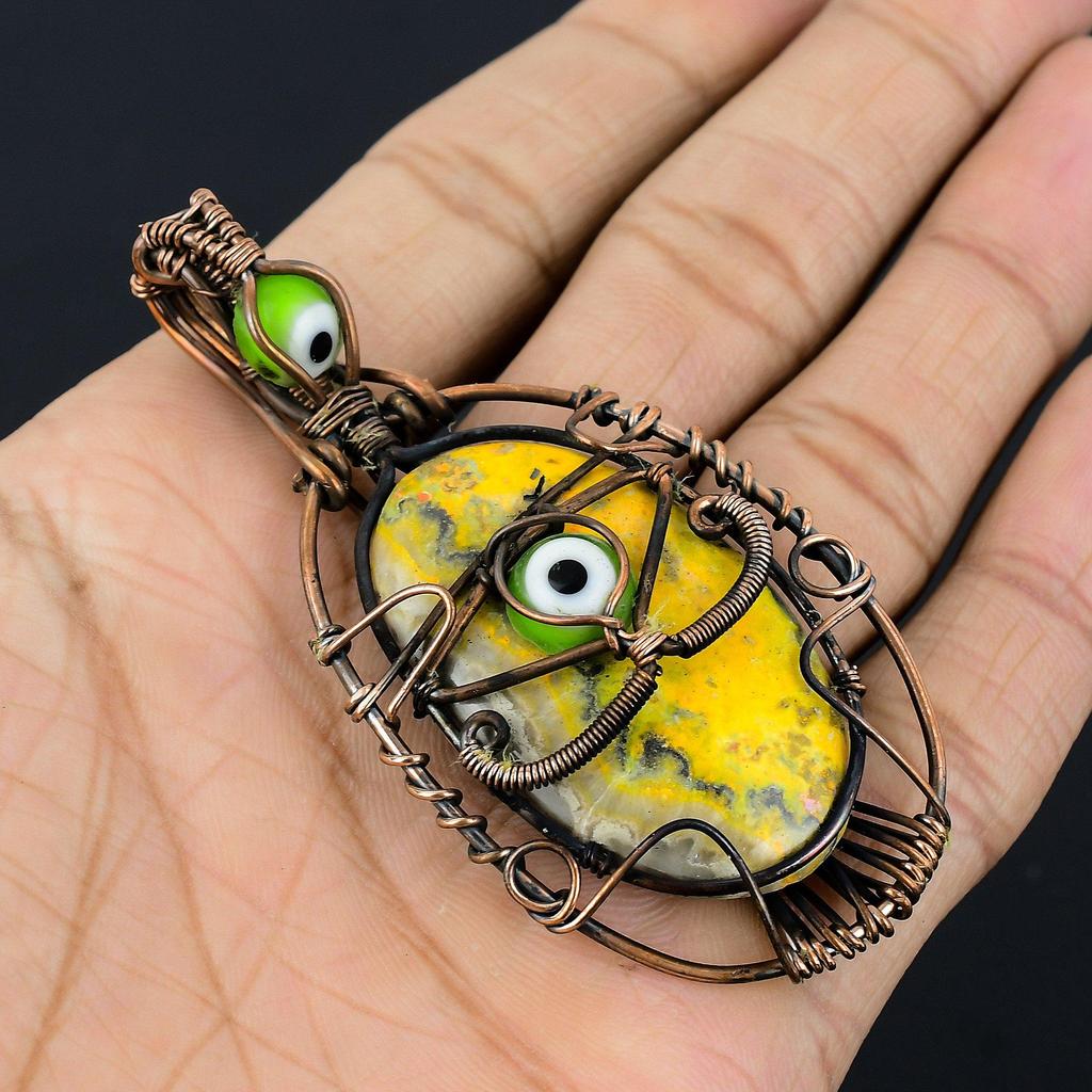 Bumblebee Jasper & Green Evil Eye Pendant, 999 Copper Wire Wrapped Gemstone Jewelry, Handmade Pendant, For Mother Day