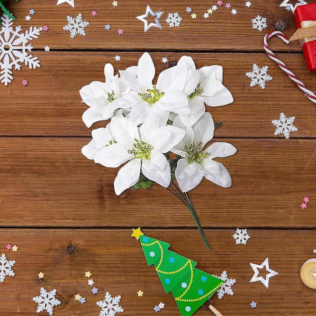 6Pcs Artificial Poinsettia Christmas Flower, Poinsettia Bouquet Golden Stamen