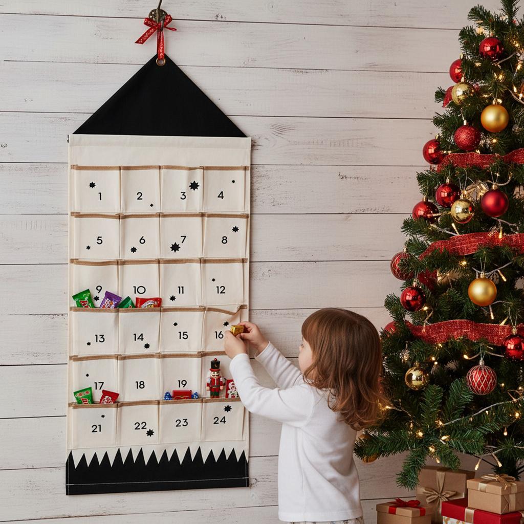 Látkový vánoční adventní kalendář s kapsami 24 dní odpočítávací kalendář DIY přírodní závěsný úložný vak pro domácí dekoraci