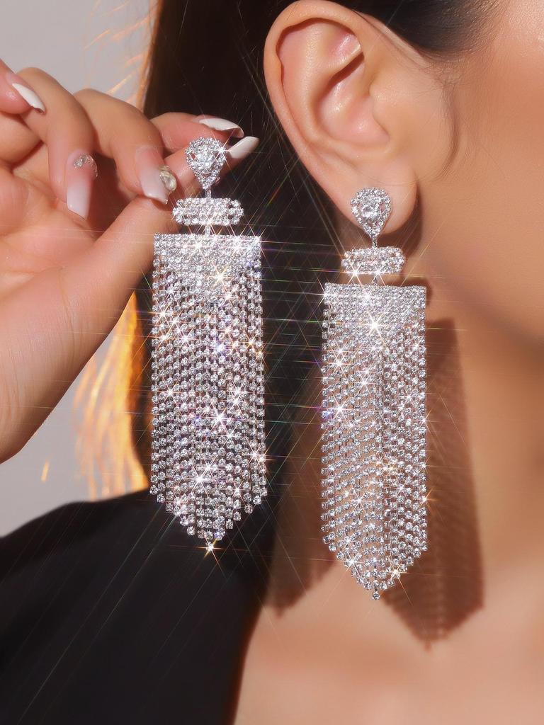 Luxury Rhinestone Tassel Clip-On Earrings for Women - Bridal Accessories