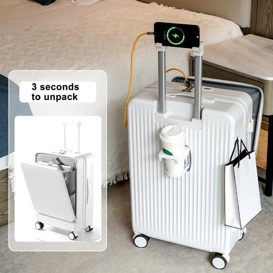 24-Zoll-Koffer, Handgepäck mit Frontöffnung, Handgepäckkoffer mit eingebautem Schloss, mit Getränkehalter & USB Typ-C-Ladeanschluss & Handyhalter