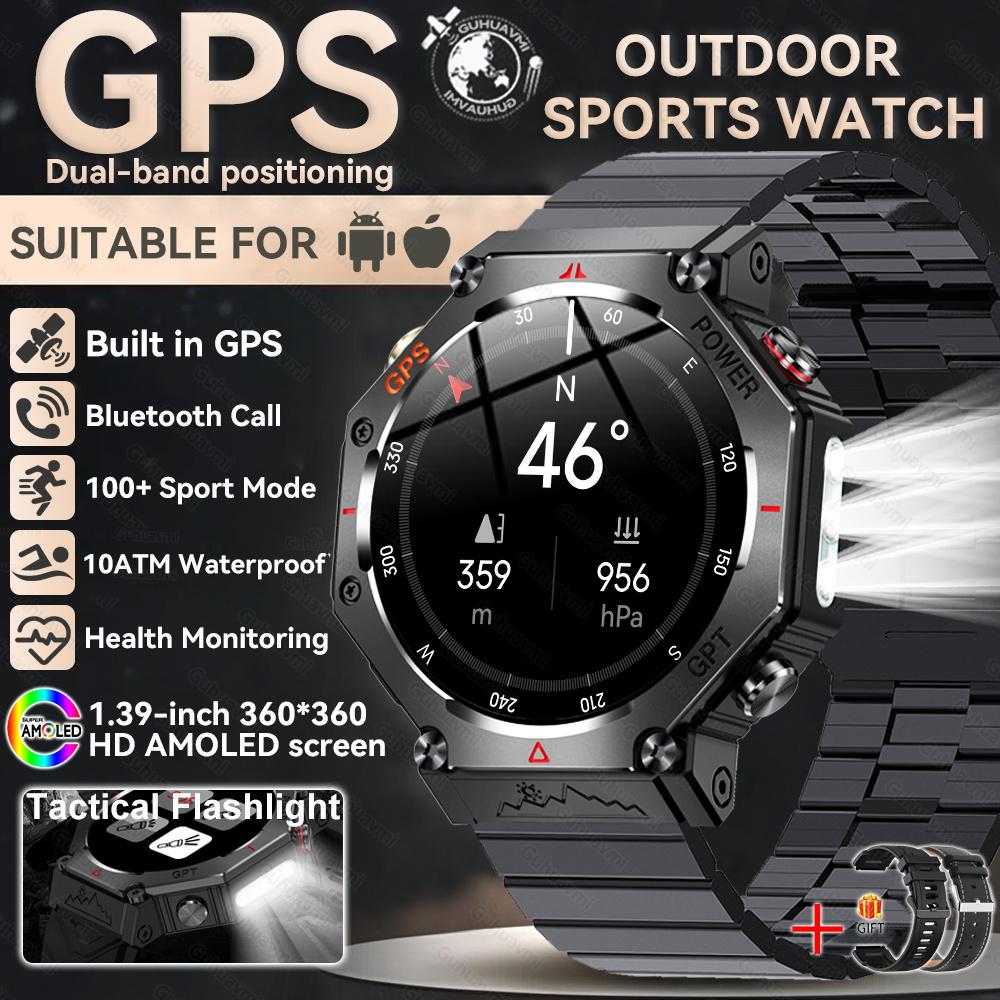 New Bulit-in GPS Outdoor Smart Watch Men Flashlight compass BT call Heart rate 10ATM Waterproof  Sports Smart watch