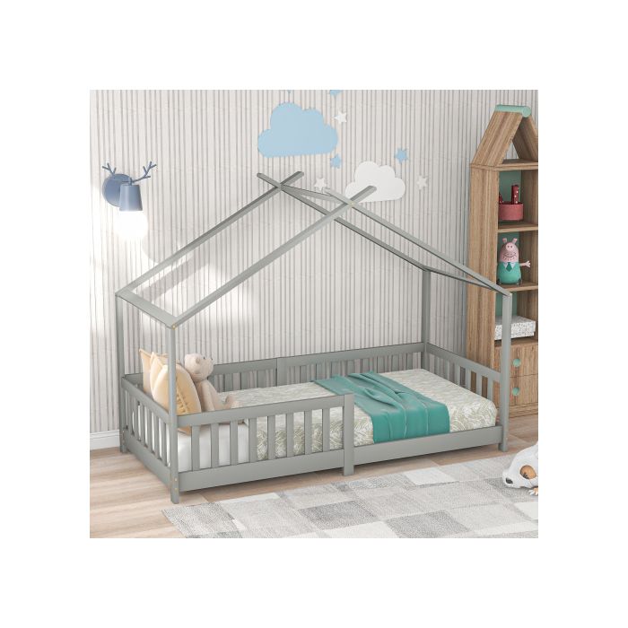 Παιδικό κρεβάτι - MUVOE - 200x90cm - Μασίφ ξύλο - Γκρι - Προστατευτικό κάγκελο