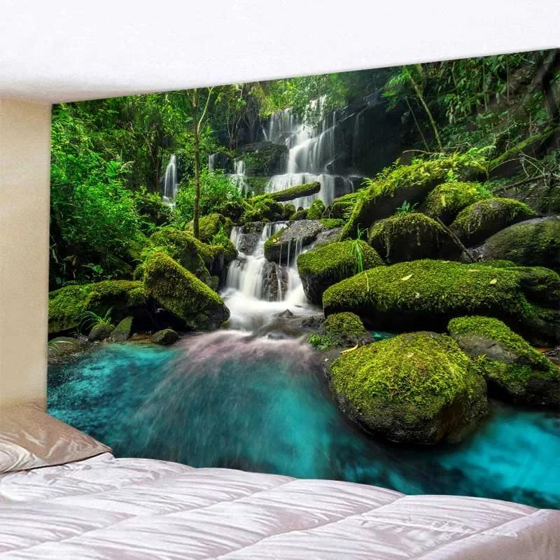 Beautiful Natural Landscape Large Tapestry Forest Waterfall Bohemian Wall Art Decoration Blanket Home Background Cloth Bedspread