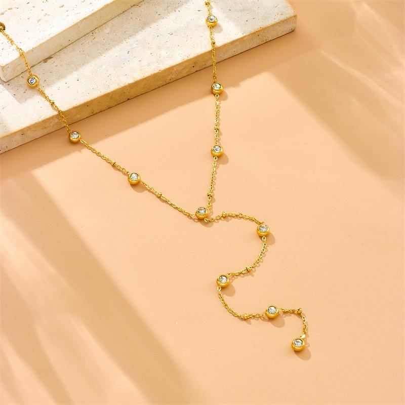 18K Gold Plated Station CZ Y-Drop Necklace, Dainty Cubic Zirconia Lariat Choker for Women, Trendy Jewelry