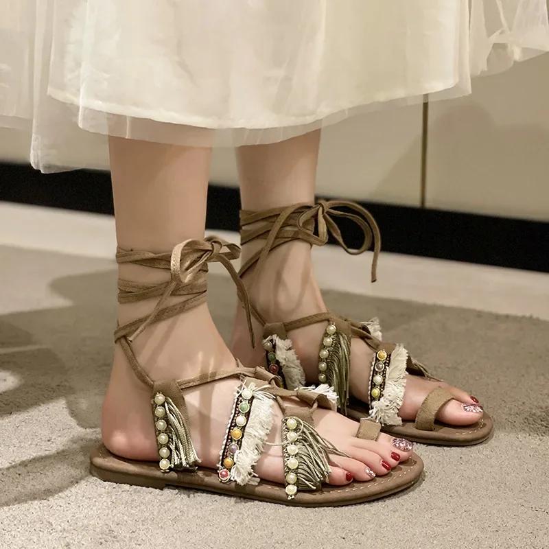 Bohemian Ankle Strappy Summer  Sandalias De Mujer Mixeds Color Flat Roman Shoes Comfort Holiday Flip Flops Sandales Femme Slides
