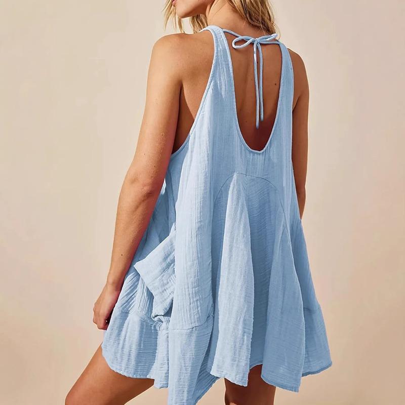 JPNTKY Women's Fashion Summer Spring Solid Color Print O-Neck Sleeveless Casual Dresses