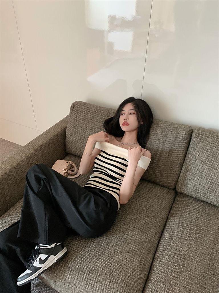 Women's Summer Off-the-Shoulder Striped Knit Sleeveless Top