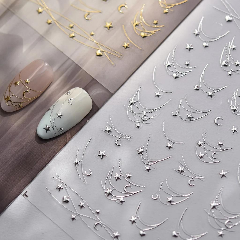 2 Packs Star Moon Love Heart Curved Line Arc Dreamy Necklace Hanging In The Air Starry Night Adhesive Nail Art Stickers Manicure Decals