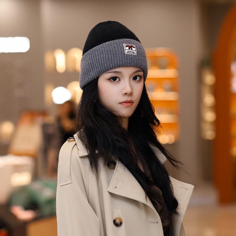 

Женская двухцветная вязаная шапка-бини - Теплая шерстяная защита ушей для осени и зимы серый