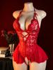 Red Transparent Sex Lingerie Women Super  Erotic Underwear Crotchless Deep V-neck Lace Teddies Bodysuit Sexy Outfits For Xx18