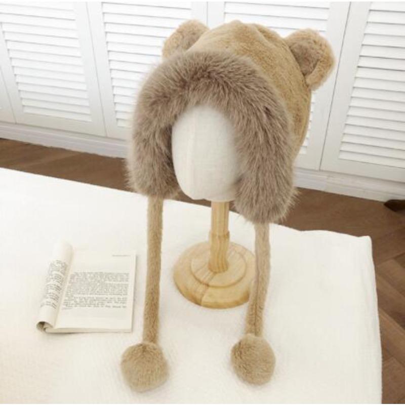 Ins Sweet Cute Bear Plush Knitted Hat Children Winter Thickened Warm Big Head Circumference Pullover Ear Hat