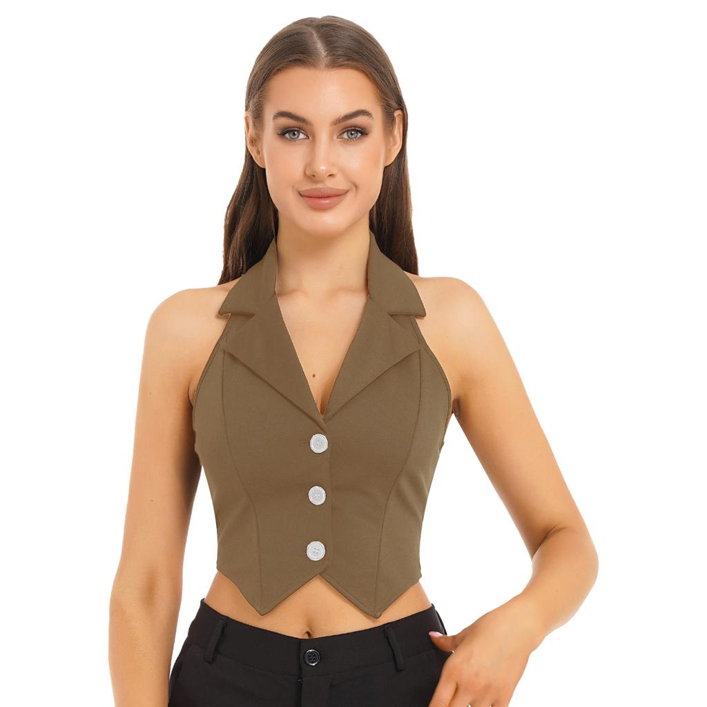Women Halter Backless Cropped Vest Tops Button Down Dressy Waistcoat Lapel Collar Casual Jackets
