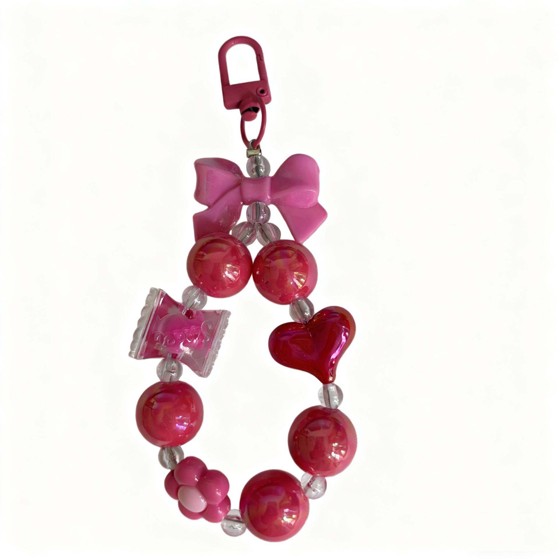 

Свіжий браслет-брелок для телефону з цукерок, бісеру, з бантом та брелоком-сердечком для сумок A рожевий червоний колір