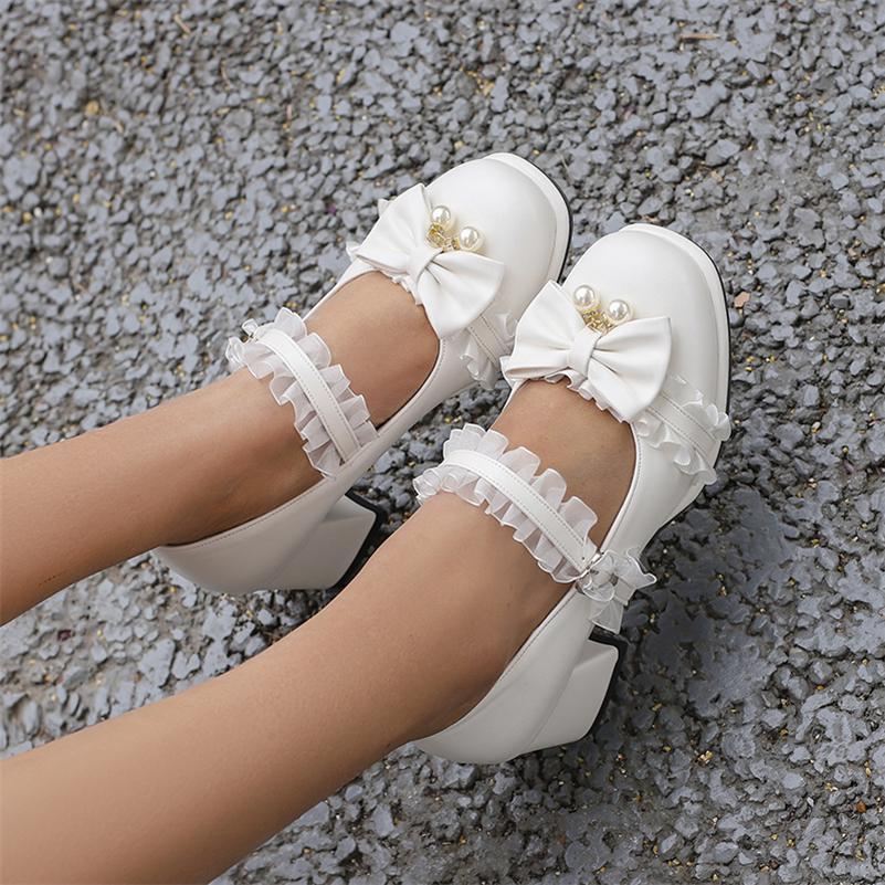 Dámské Lolita Mary Janes Lodičky s kulatou špičkou Silný střední podpatek Spona Kawaii Mašlička Volánky Dámské Cosplay Boty Jaro Podzim 43
